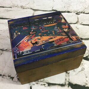 Trinket Box Wood Vintage 1980 Square Painted Boat Beach Scene 6” Epoxy Top